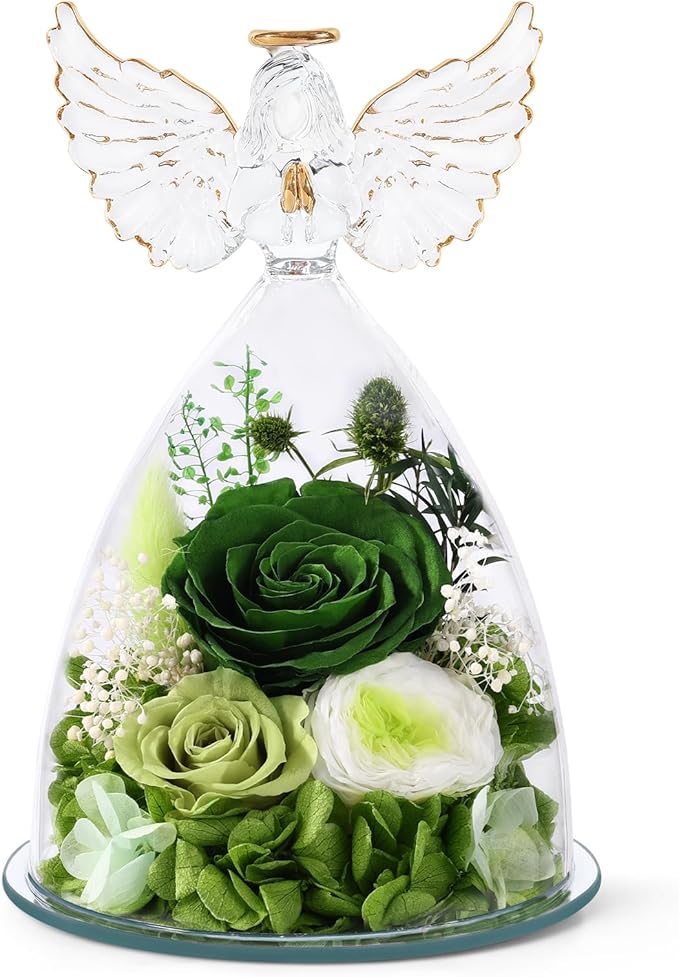FIACO Gifts for Women Mom Preserved Rose Forever Flower in Glass Angel Figurine Fresh Flowers for Delivery Prime Birthday Gifts for Grandma Wife Sister Christmas Anniversary Eternal Roses
