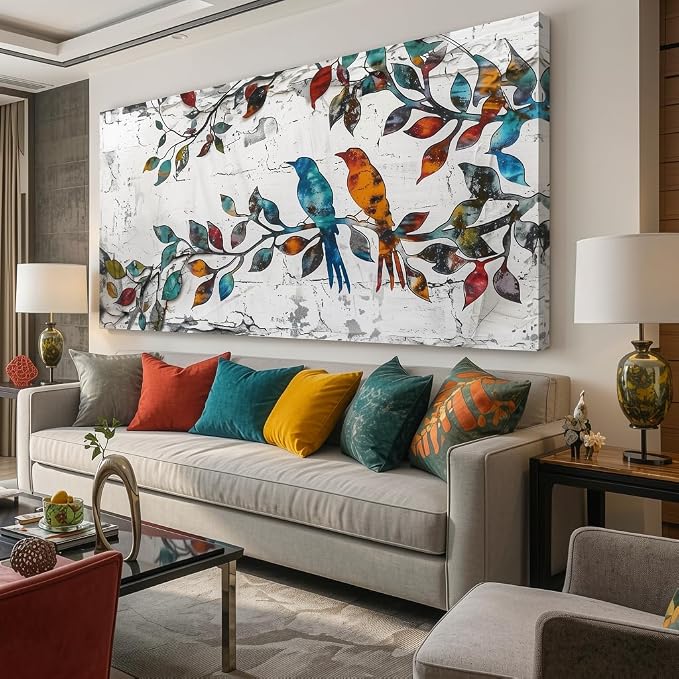 Wall Art Funny Paintings Colorful Birds on a Branch Art Mural Pop Art Home Office Wall Decor Framed Canvas Wall Decor for Living Room Ready to Hang - 40x20in