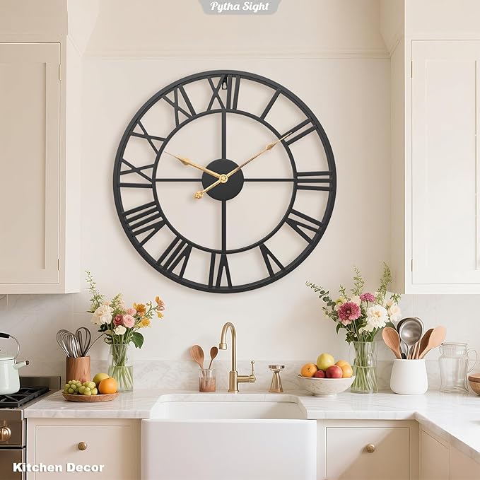 Pytha Sight 24 Inch Large Oversized Farmhouse Modern Decorative Wall Clock for Living Room,Silent Industrial Big Roman Numerals Vintage Metal Round Wall Clocks for Kitchen,Dinng Room,Office