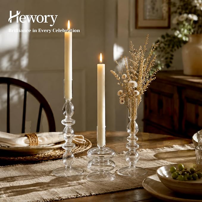 Hewory Glass Candlestick Holders: Clear Glass Taper Candle Holders Set of 3 Vintage Candle Stick Candle Holder, Colorful Glass Candle Holders for Table Centerpiece, Wedding, Dinner, Party, Home Decor