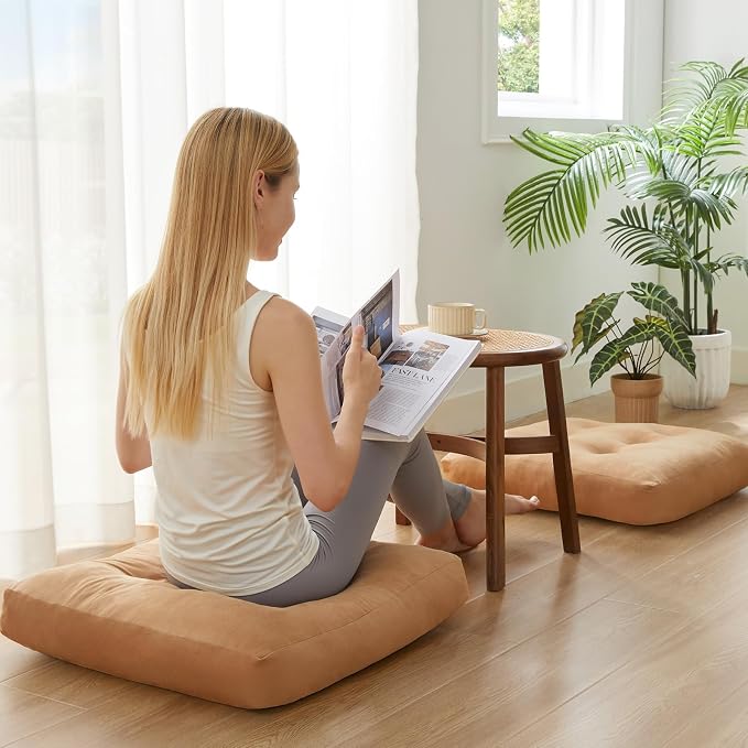 Meditation Floor Pillow Set of 2, Square Large Pillows Seating for Adults, Meditation Cushion Pillow,Tufted Corduroy Cushion for Tatami Living Room or Yoga, Coffee, 22x22 Inch
