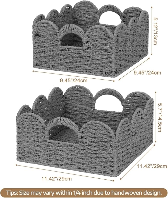 Graciadeco Scalloped Wicker Basket Natural Paper Rope Storage Baskets with Handles Handwoven Organizer Bin Wicker Storage Baskets for Home Decor, Organizing, 2 Pack (Grey)