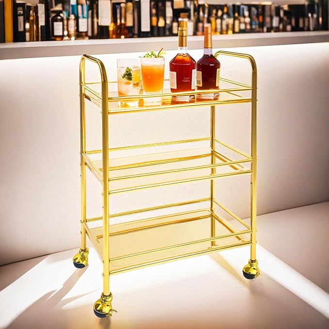 susunnus 3-Tier Gold Stainless Steel Bar Cart with Lockable Wheels,Home bar | Electroplated golden coating,with 4D guardrail,fall prevention,rustproof,wheels upgrated,for kitchen,living room,dinner party