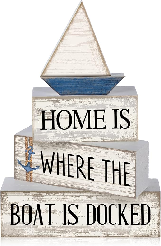 Conelist 4 Pcs Nautical Wooden Table Decor Farmhouse Sailboat Centerpieces Vintage Tiered Tray Decoration Home is Where The Boat is Docked Block Sign for Home Living Room Bedroom Office Decor