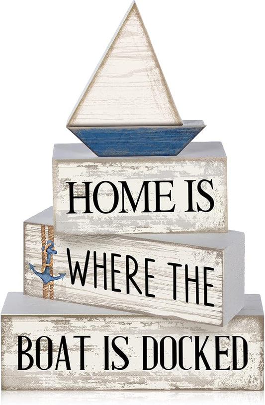 Conelist 4 Pcs Nautical Wooden Table Decor Farmhouse Sailboat Centerpieces Vintage Tiered Tray Decoration Home is Where The Boat is Docked Block Sign for Home Living Room Bedroom Office Decor