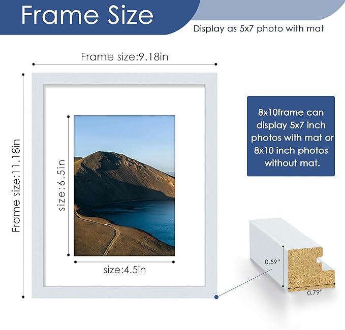 PEALSN 8x10 Picture Frame Set of 6, Display Pictures 5x7 with Mat or 8x10 without Mat for Wall Mounting or Table Top Display, Photo Frames Collage for Wall Decor, Blue