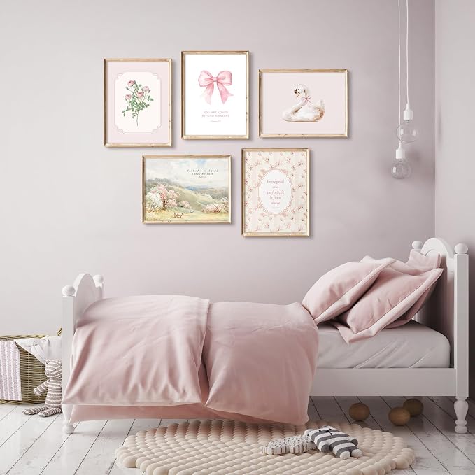 Nursery Christian Wall Art Bible Verses Canvas Wall Decor Baby Girl Room Poster Vintage Pink Nursery Prints Decor Floral Bow Swan Artwork Jesus Scripture Picture for Bedroom 12x16x5 Inch Unframed