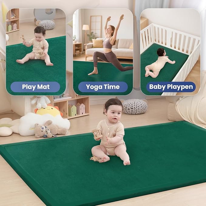 Baby Play Mat for Floor,1.3" Thick Memory foam Tummy Time Mat,Soft Coral Velvet Nursery Rug,Extra Large Non Slip Crawling Mat for Toddlers,Infants,kids,Yoga,Tatami Style for Living Room(Dark Green)