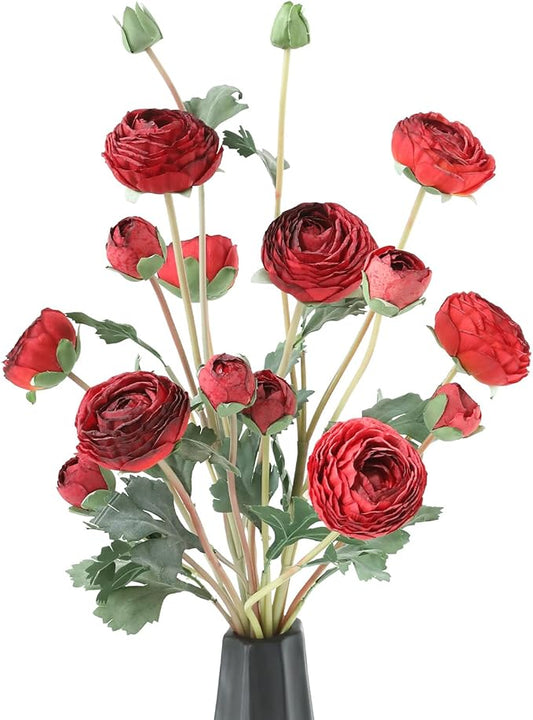 6Pcs Realistic Silk Red Ranunculus Artificial Flowers Long Stems, 23.6" Tall Fake Flowers Faux Flowers Suit for Year-Round Home Decoration, Wedding, Bridal Bouquets, Office