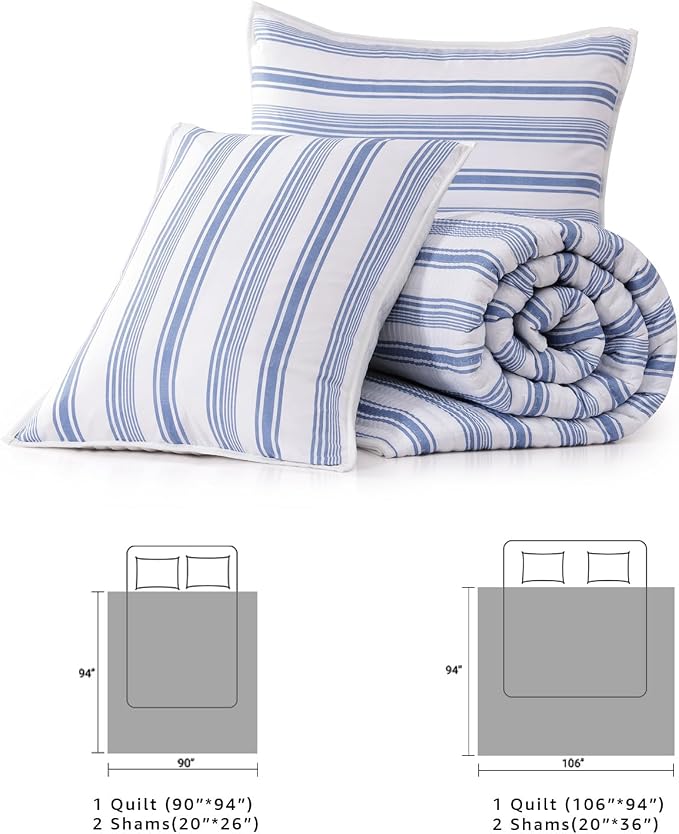 WRENSONGE Striped King Quilt-3 Pieces Lightweight Bedspread Blue White Quilt King Size Quilt Bedding Set for All Seasons, Soft Summer Reversible Nautical Neutral Coverlet with 2 Pillow Shams