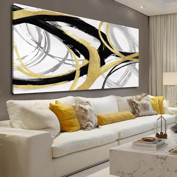 Large Black and Gold Line Wall Decor Modern Abstract Framed Wall Art Neutral Textured Canvas Prints Pictures for Living Room Office Artwork 29"x58"