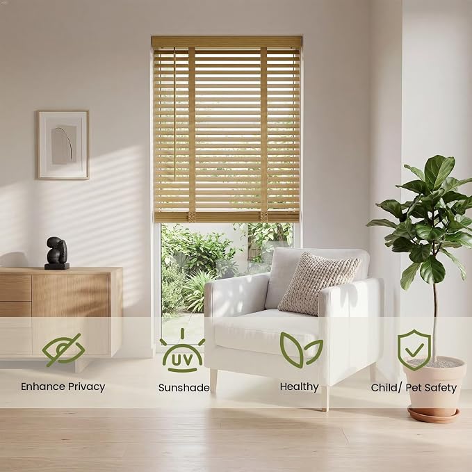 2" Cordless Bamboo Blinds,Indoor Windows Horizontal Blackout Wood Blinds, Room Darkening Window Shades for Interior Bedrooms, Living Rooms, Offices Natural 23.5" W x 48" H