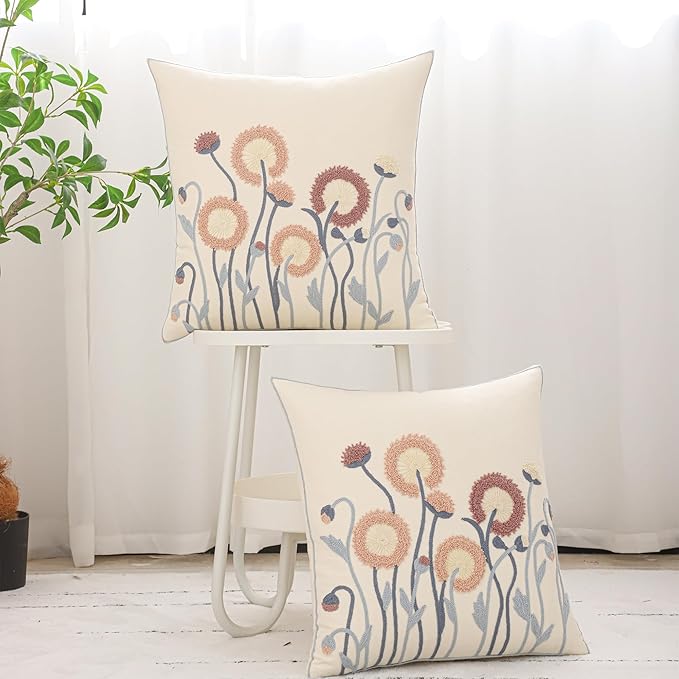 Embroidery Throw Pillow Covers 18x18 Set of 2 Vintage Blowball with Blue Leaves Farmhouse Pillow Cushion Case Decorative Pillowcases Square Rustic Floral Pillow Case Spring Summer Home Decor