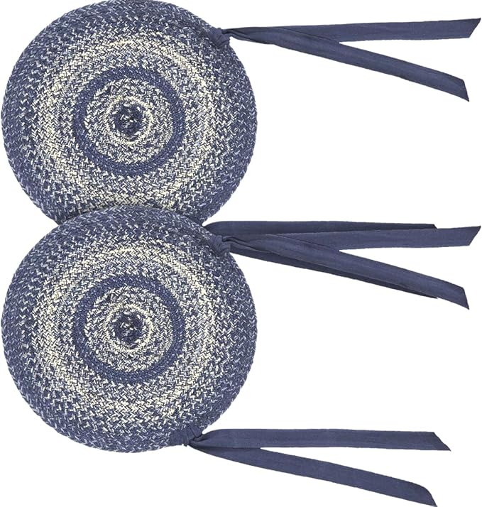VHC Brands Great Falls Blue Round Seat Cushion Chair Pad, Blue White, Jute Blend with Ties, Set of 2, 15x15 Inches