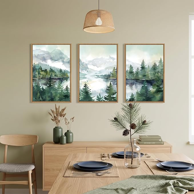 Watercolor Mountain Framed Canvas Wall Art Set,Green Forest Lake Wall Decor,Nature Boho Pine Tree Wall Painting,Foggy Wilderness Landscape Artwork for Living Room,Bedroom,Office-16 x24 x3