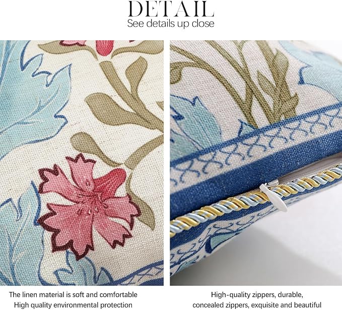 patdrea Designer Vintage Linen Throw Pillow Cover,12"x20",Set of 2-Fromm A | Luxury Decorative Pillow Case with Zipper,Blue Floral Pattern,Pillow Cover for Couch Living Room Bedroom Sofa