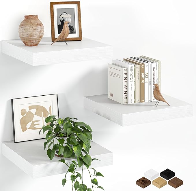 Fun Memories Floating Shelves for Wall, 12 Inch Set of 3 Rustic Wood Wall Shelves with Invisible Brackets, Heavy Duty Storage Display for Bathroom Bedroom Living Room Kitchen, White