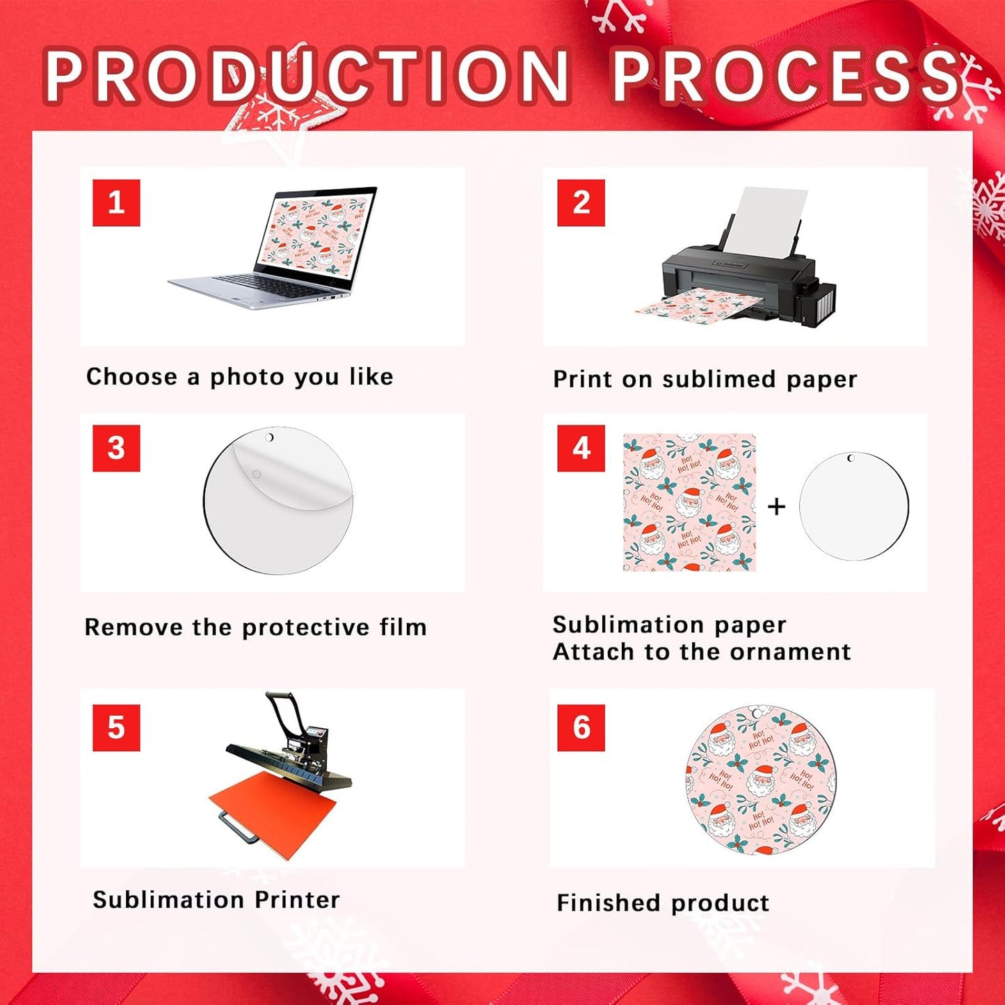 50 PCS Sublimation Ornament Blanks Double Sided MDF Sublimation Christmas Ornaments Blanks Bulk for Christmas Tree Decor Halloween Day DIY Crafts with Red Ribbon 2.75 inch