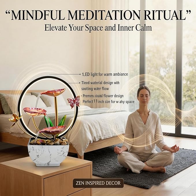 11'' H Pink Indoor Desktop Tableop Fountain Decoration, Small Fountain with LED Lights for Meditation and Zen Water Scenery, Spring Day Decor