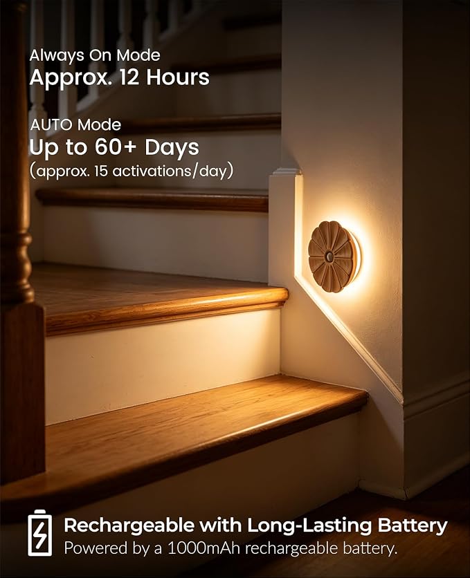 Night Light Wooden Carved Flower Mini USB Rechargeable Motion Sensor Nightlights Magnetic Wall Light for Hallway, Bedroom, Living Room, Stair, Ash Wood