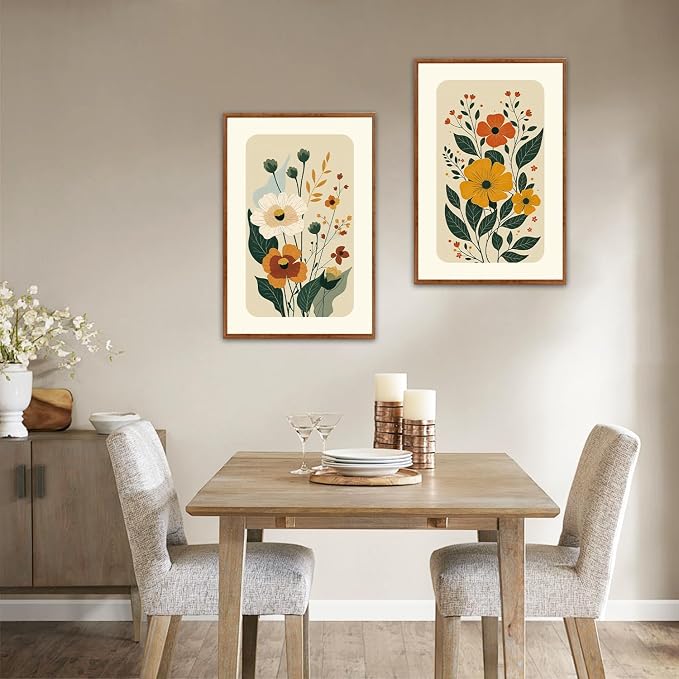 LHIUEM Boho Floral Botanical Framed Canvas Wall Art Set,Abstract Vintage Beige Wall Decor,Minimalist Wildflowers Artwork for Living Room,Bedroom,Dining Room,Office -16"x24"x3