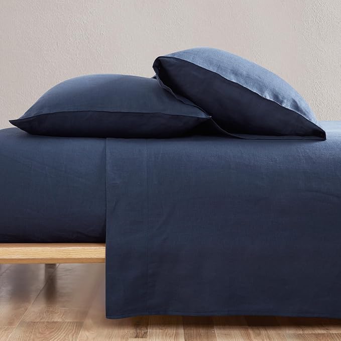 DAPU 100% Linen Pillowcases 20x40 Inches Pillow Cases (Pack of 2) with Envelope Closure, Stone Washed Breathable and Cooling (Navy Blue, King)