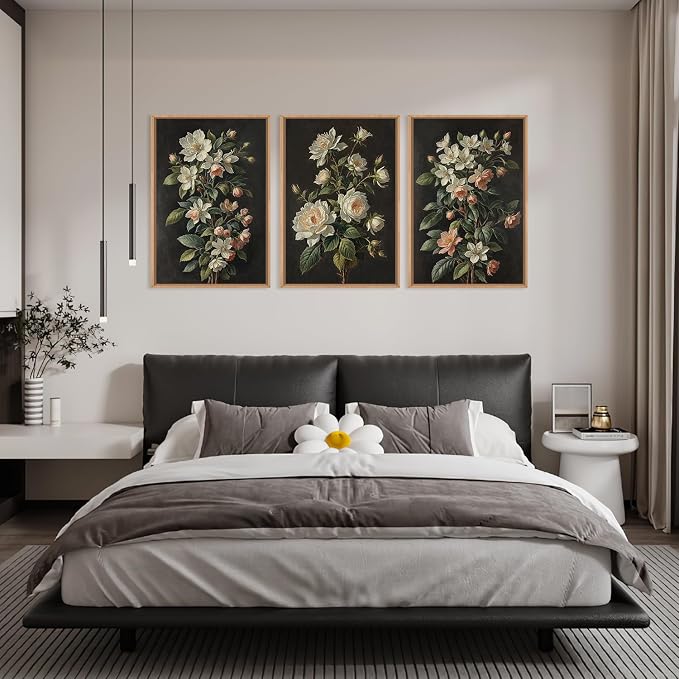 DRACIT Large Dark Moody Flowers Framed Canvas Print Wall Art Set,Vintage Antique Black Botanical Wall Decor,Retro Modern Elegant Peony Floral Artwork for Living Room,Office,Bedroom-16 x24 x3