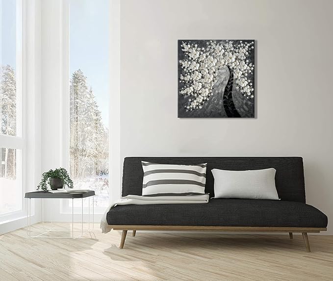 zoinart Hand Paintings 3D Floral Canvas Wall Art 24x24 Inches Abstract Floral Paintings Modern Contemporary Texture Wall Art Tree Black and White Artwork for Home Decorations