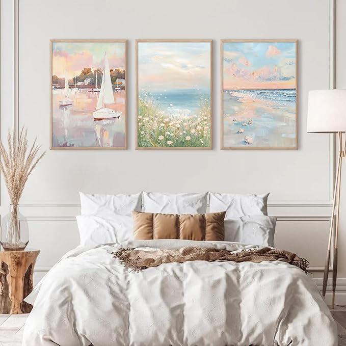 Pink Coastal Wall Art Coquette Beach Canvas Poster Summer Beachy Wall Decor Trendy Pastel Ocean Pictures Preppy Aesthetic Painting Wildflower Prints Sailboat Artwork for Bedroom 16x24 Inch Unframed
