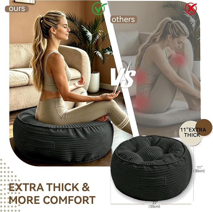 11" Washable Round Floor Pillow for Adults Thick Meditation Cushion for Sitting Large Yoga Pillows on Floor Ottoman to Elevate Leg for Tatami Living Room, 22x22 Inch, Dark Gray