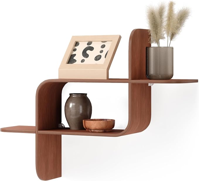Umbra Montage Floating Wall Shelf Display Case, Made of Natural Bent Wood, Light Walnut