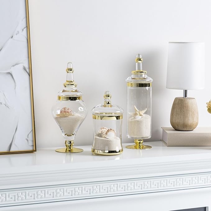 MyGift 3 Piece Set Antique Clear Glass Bathroom Apothecary Jars with Lid, Wedding Centerpiece, Kitchen Storage Jars with Metallic Brass-Tone Design