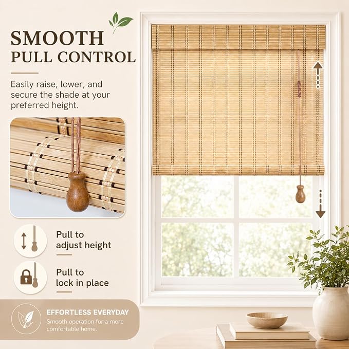 No Drill Bamboo Blinds for Interior Windows, Bamboo Shades for Indoor Windows, Roller Shades for Indoor Window and Outdoor Patio, Easy to Install for Home & Porches