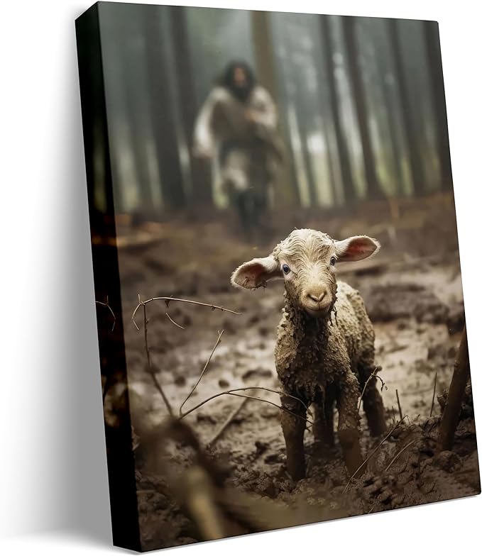 GUN SUPPLIES OUTLET LLC Christian Wall Art Jesus with Lamb Canvas Print, Jesus Running After Lost Lamb Picture, Religious Home Decor for Living Room, Faith Gift, Ready to Hang, Made in USA，8x10 inch