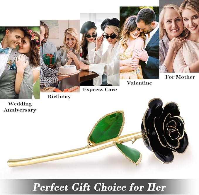 24K Gold Plated Black Rose, Forever Preserved Real Rose Lover Mom Wife Daughter Girl Friend (Black Rose with Stand)