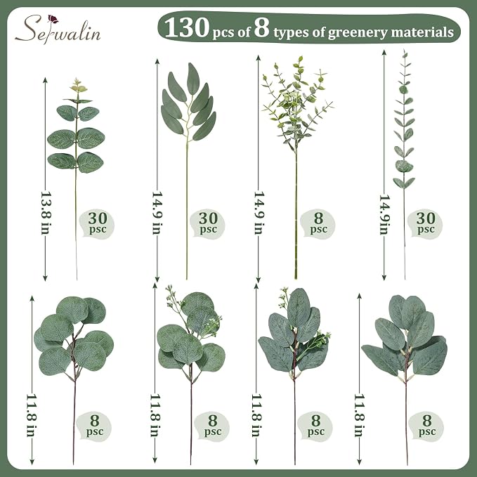 Serwalin 130 Pcs 8 Kinds Mixed Eucalyptus Stems Bulk,Artificial Greenery Silver Dollar Eucalyptus Leaves Picks for Centerpieces Vase DIY Bouquet Arrangement Home Decor