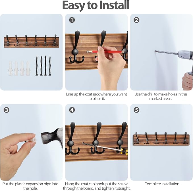 Coat Rack Wall Mount, Wooden Heavy Duty Coat Rack for Wall,6 Triple Coat Hanger Hooks for Hanging Coats,Jacket,Hat,Clothes (Brown, 6 Hooks)