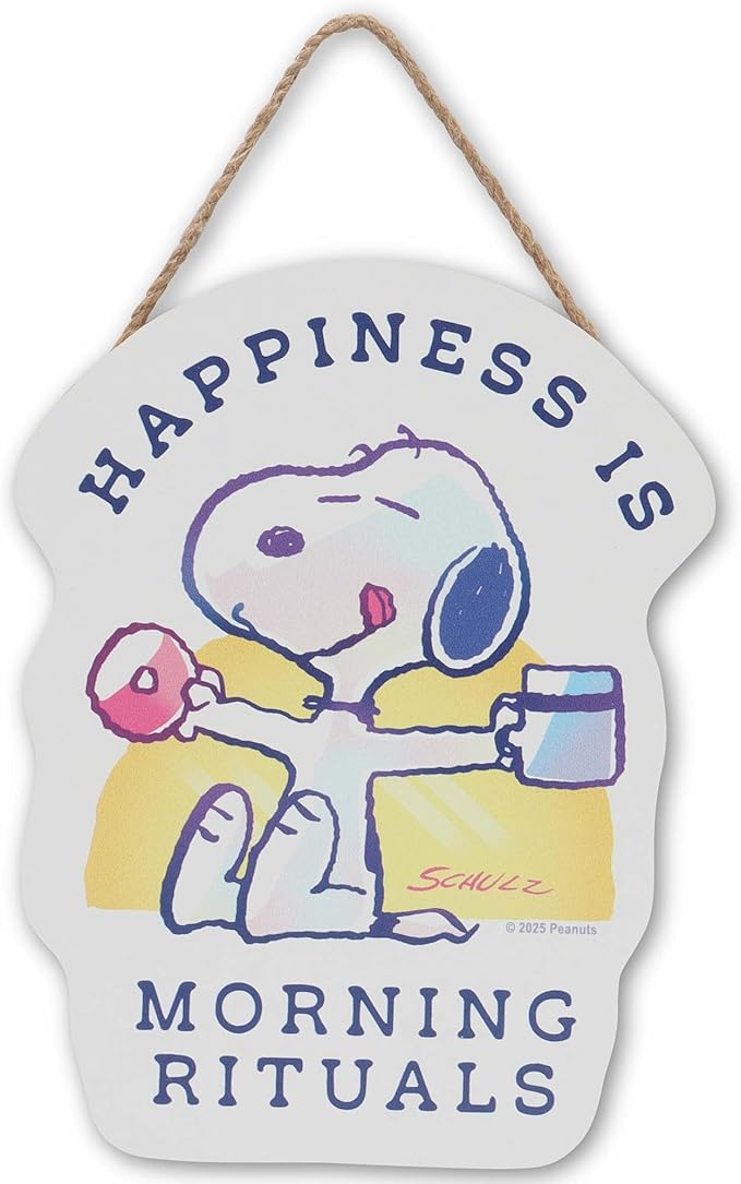 Peanuts Snoopy Happiness is Morning Rituals Hanging Wood Wall Decor - Cute Snoopy With Coffee Sign for Home or Office