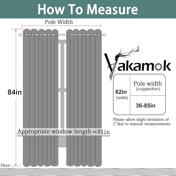 Yakamok Blackout Curtains Room Darkening Thermal Insulated Window Panels,Solid Grommet Top Drapes for Bedroom/Living Room(62Wx84L, Grey, 2 Panels)
