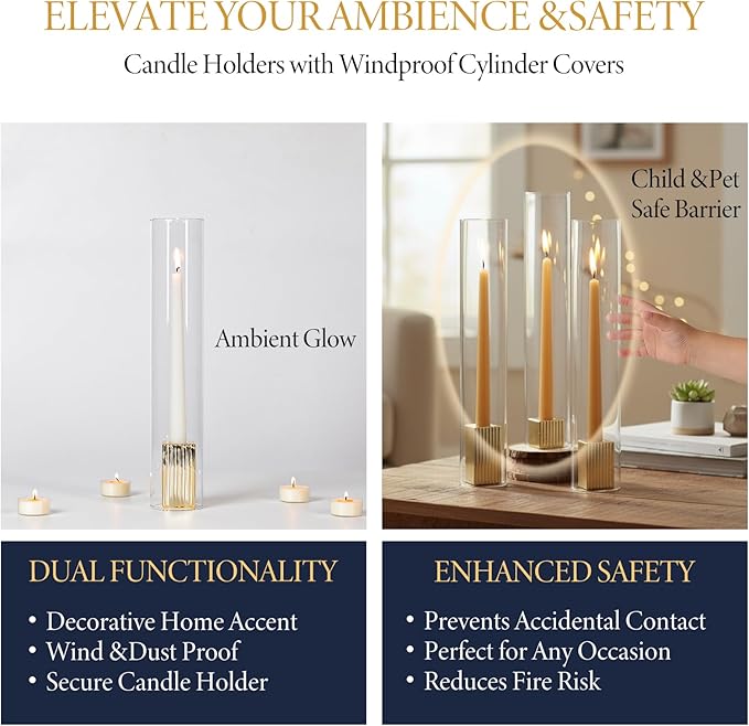 LETINE 14" Tall Hurricane Candle Holders with Gold Ribbed Taper Candle Holders Set of 3– Bulk Windproof Taper Candle Hurricane Glass for Outdoor&Indoors Wedding Centerpiece, Event & Home Decor