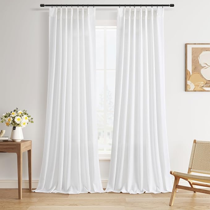 Guken Snow White Pinch Pleated Linen Curtains 108 Inch 2 Panels for Living Room Bedroom Elegant Farmhouse Country Privacy Light Filtering Semi Sheer Back Tab Drapes with Hooks for Nursery 40x108