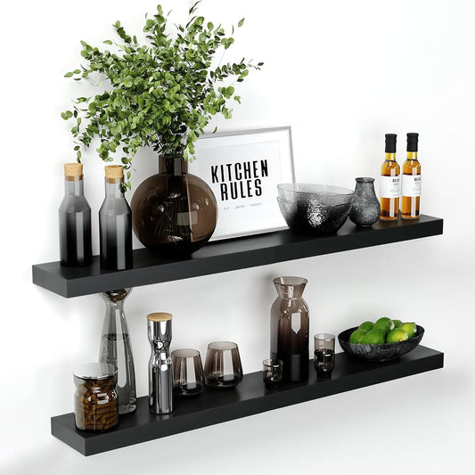 Homeforia Floating Black Shelf 42 inch, High End Solid Real Wood 42 inches Long Floating Shelves for Wall, Black Wooden 42inch Large Floating Shelves, Heavy Duty Bracket, 42 X 6.5 X 1.75 in, Set of 2