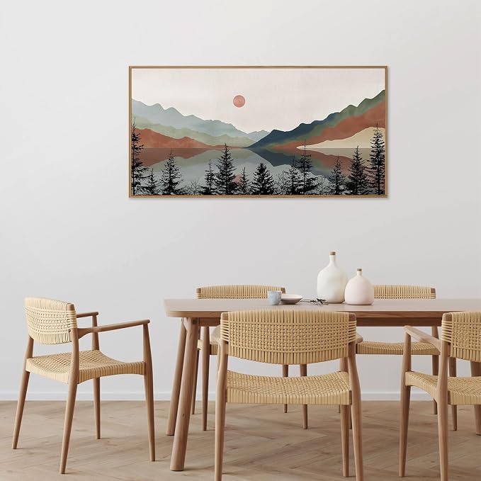 Tinonedraw Boho Mountain Framed Canvas Wall Art Set, Watercolor Nature Landscape Wall Decor, Neutral Modern Sunrise Artwork, Black Pine Trees Forest Art Prints for Living Room Bedroom Office 20"x40"