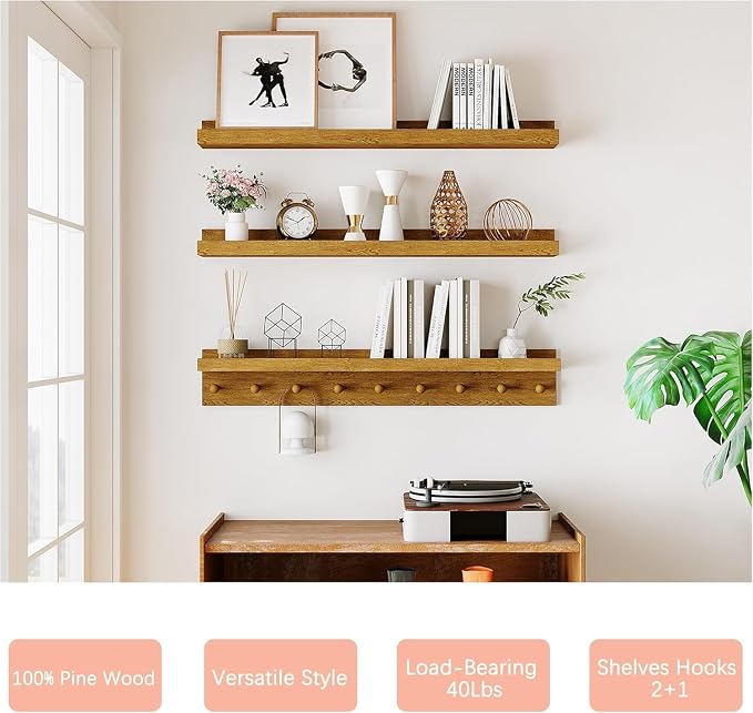 MBYD Solid Wood Light Walnut Floating Nursery Shelves for Living Room, 36 Inch Wall Shelf with Hooks & Wooden Pegs, Picture Ledge to Organize Kitchen Decor, Declutter Small Items & Hang Accessories