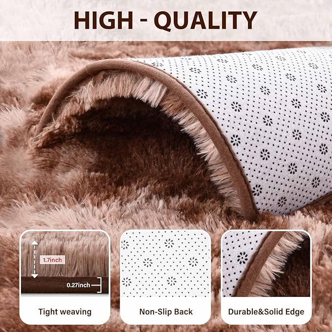 FinRèc Brown Rugs for Bedroom Living Room, 5x7 Feet Plush Fluffy Shag Area Rug, Non-Slip Fuzzy Furry Shaggy Rug for Kids Room Dorm Room Home Decor, High Pile Soft Floor Carpet