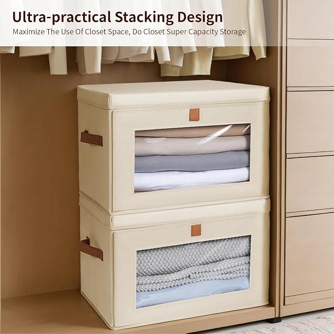Homsorout Large Storage Bins with Lids - Fabric Collapsible Closet Storage Organizer with Window & Handles, Stackable Decorative Storage Boxes for Clothes, Blankets, Sweaters, 6 Pack, Beige