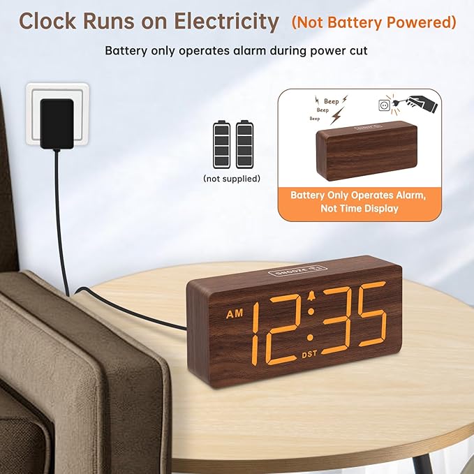 DreamSky Wooden Digital Alarm Clock for Bedroom - Desk Clock with Large Numbers for Living Room Office, Loud Alarm for Heavy Sleepers Adults, Volume Control, Dimmer, DST, Wood Decor (Plug in Clock)