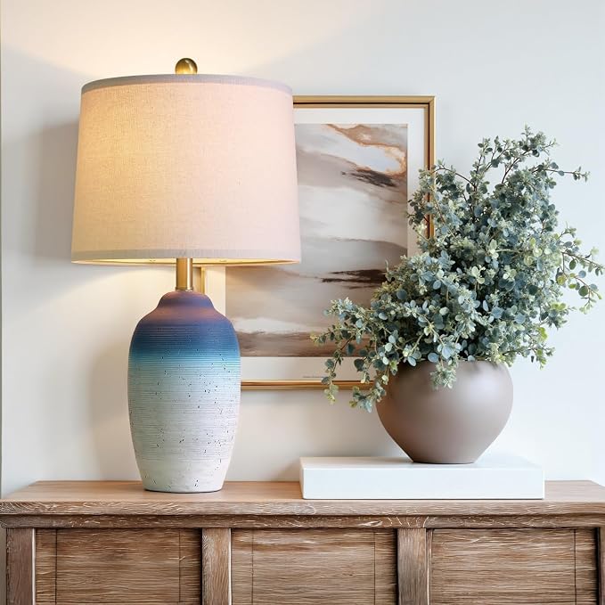 USumkky 24.5" Vintage Ceramic Table Lamp with 5FT Cord - Single Farmhouse Rustic Bedside Lamp with Natural Textured Finish, Nightstand Lamps for Living Room, Bedroom, End Table, Office White and Blue