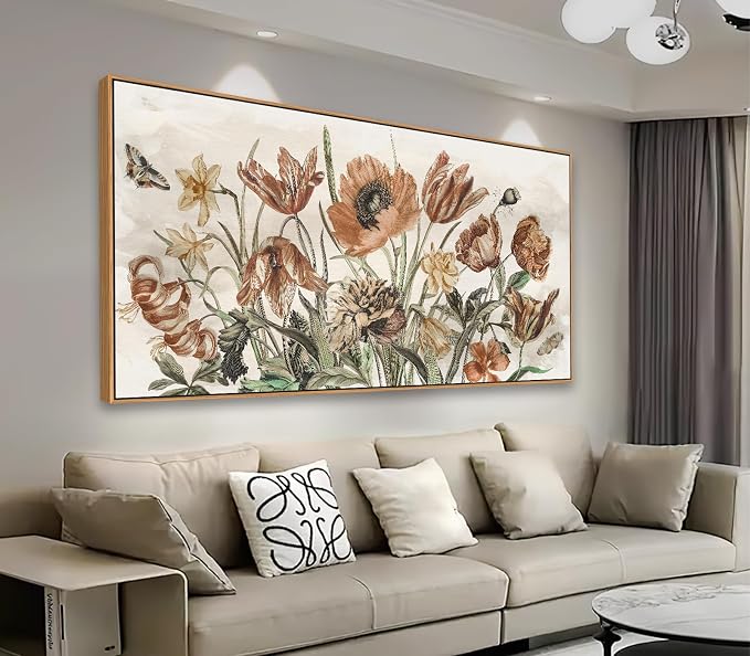 yearainn Rustic Floral Framed Wall Art - Warm Earthy Tones Flowers Canvas Pictures Wall Decor Farmhouse Painting Artwork Elegant Botanical Prints Living Room Home Decor Natural Wood Frame 58" x 29"