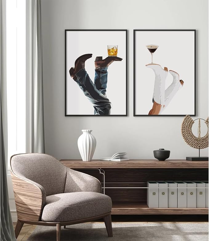 Cowgirl Wall Art Western Canvas Pictures Cowboy Boots Wall Decor Coastal Cowgirl Prints Retro Poster Trendy Preppy Pictures Martini Painting Artwork for Bedroom Living Room 16x24x2 Inch Unframed